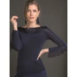 Merinowolle Seide LANGARM SHIRT Blau Mit Fransen Von Artimaglia