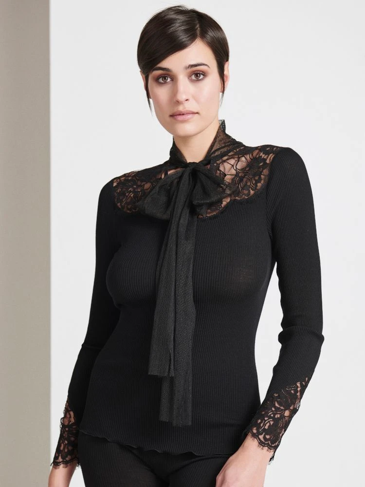 Merinowolle-Seide KRAGEN-SHIRT Gerippt Schwarz Von Oscalito 4 Merinowolle-Seide KRAGEN-SHIRT Gerippt Schwarz Von Oscalito – Bild 2