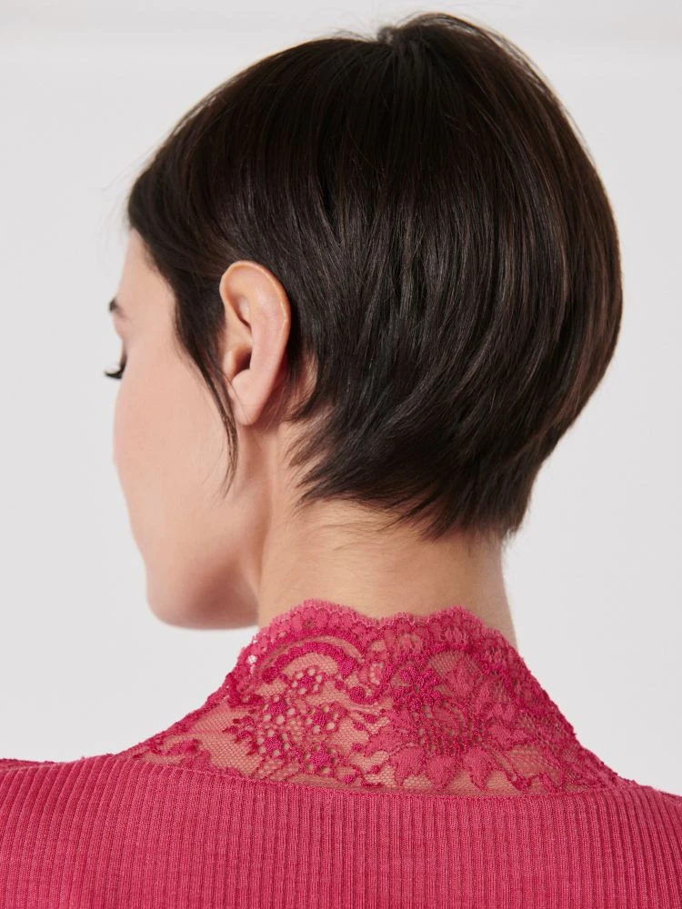 Merino Wolle-Seide Stehkragen Shirt Gerippt Fuchsia Calais Spitze Von Oscalito 5 Merino Wolle-Seide Stehkragen Shirt Gerippt Fuchsia Calais Spitze Von Oscalito – Bild 3