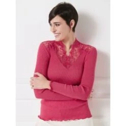 Merino Wolle-Seide Stehkragen Shirt Gerippt Fuchsia Calais Spitze Von Oscalito