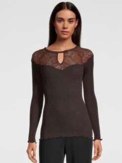 Merino Wolle-Seide LANGARMSHIRT Gerippt Mokka Calais Spitze Von Oscalito -MAISON LEJABY Verkaufsgeschäft shirt langarm leavers spitze moka 6624 oscalito
