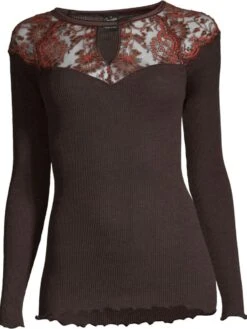 Merino Wolle-Seide LANGARMSHIRT Gerippt Mokka Calais Spitze Von Oscalito -MAISON LEJABY Verkaufsgeschäft shirt langarm leavers spitze moka 6624 oscalito 3