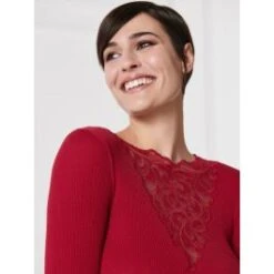 Merinowolle-Seide LANGARM SHIRT Rot Gerippt Von Oscalito