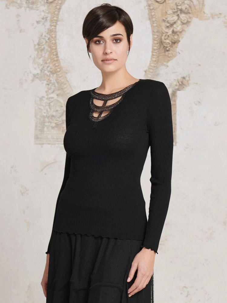 Merinowolle-Seide LANGARM SHIRT Gerippt Schwarz Von Oscalito 4 Merinowolle-Seide LANGARM SHIRT Gerippt Schwarz Von Oscalito – Bild 2