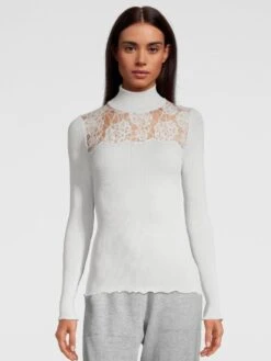 Merinowolle-Seide TURTLENECK SHIRT Silber Leavers Spitze Von Oscalito -MAISON LEJABY Verkaufsgeschäft shirt turtleneck langarm chantilly spitze silber 6646 oscalito