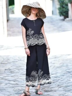 Resortwear Anzug Mit Hohlsaum-Stickerei NERO Von Chiara Fiorini -MAISON LEJABY Verkaufsgeschäft strandanzug schwarz creme cf9843 cf9844 chiara fiorini 2